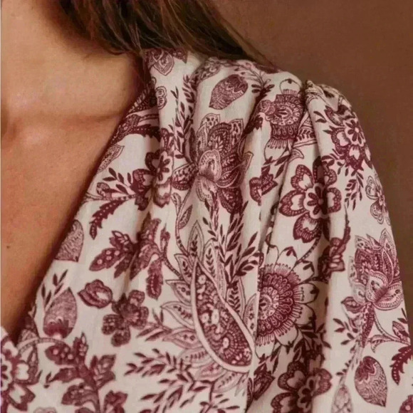 Sezane | Abelia Blouse | Burgundy Mosaic Print | Wrap Top | Size 34 / Us Sz 2 - Picture 7 of 7
